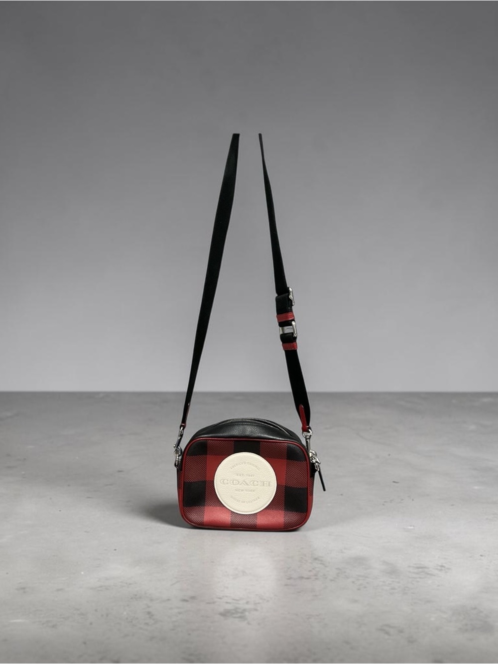 Coach Dempsey Camera Crossbody Bag Buffalo Plaid Red Black